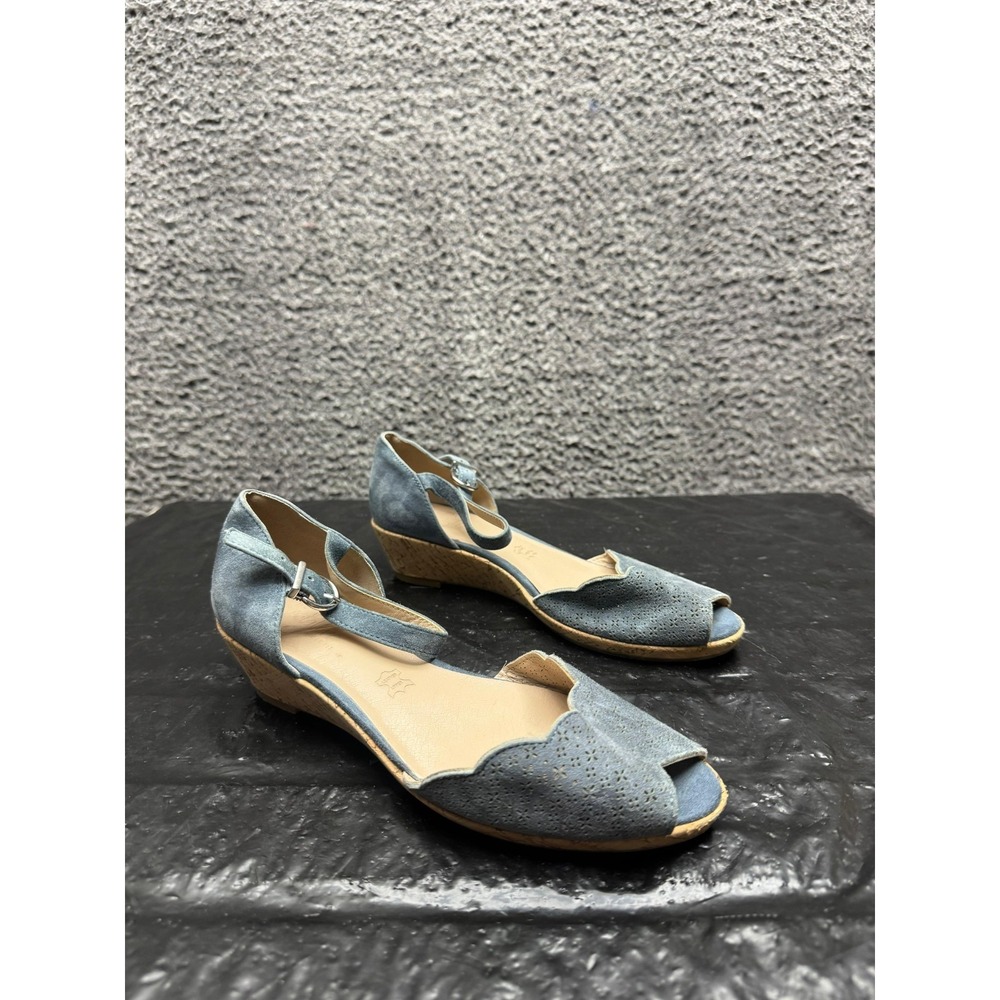 Footglove Duck Egg Suede Wider Fit Wedge Sandals Blue Womens Size 4.5 US